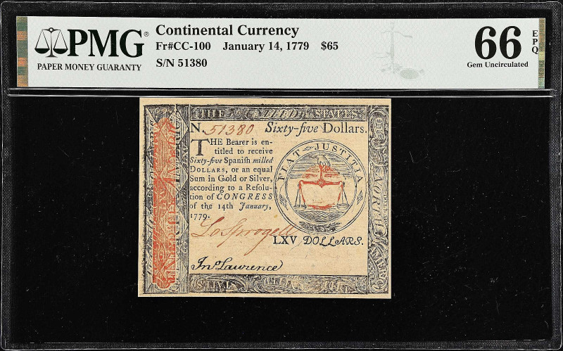 CC-100. Continental Currency. January 14, 1779. $65. PMG Gem Uncirculated 66 EPQ...