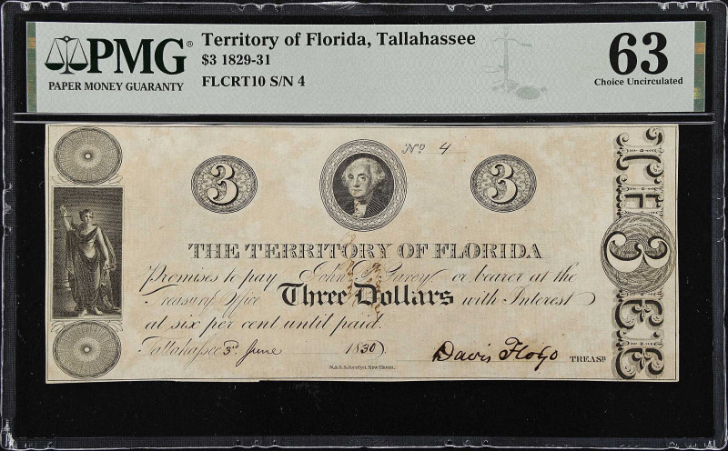 Tallahassee, Florida. Territory of Florida. 1830 $3. PMG Choice Uncirculated 63....