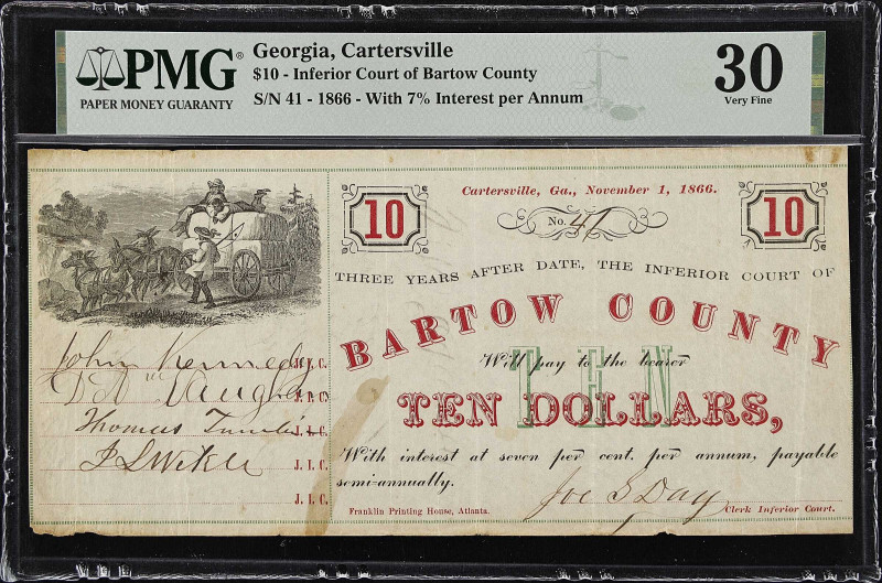 Cartersville, Georgia. Bartow County. 1866 $10. PMG Very Fine 30.
No. 41. Novem...