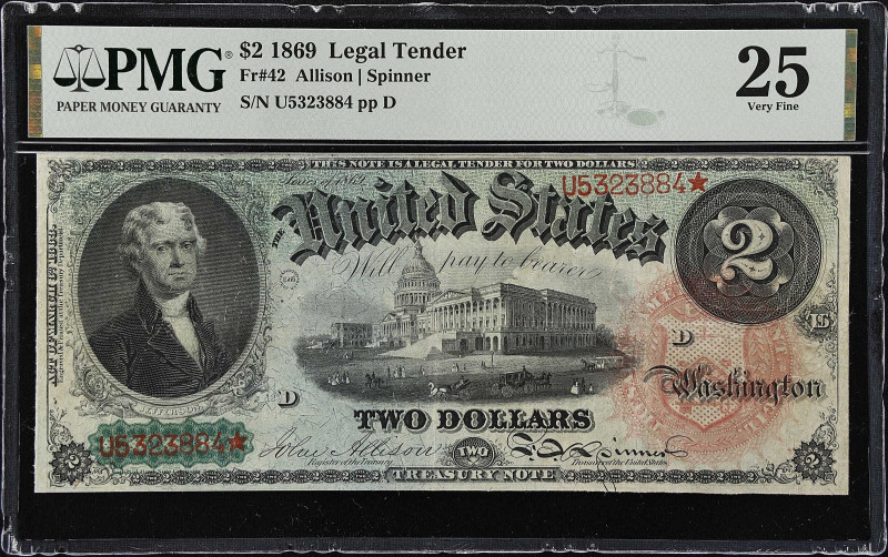 Fr. 42. 1869 $2 Legal Tender Note. PMG Very Fine 25.
A VF offering of this popu...