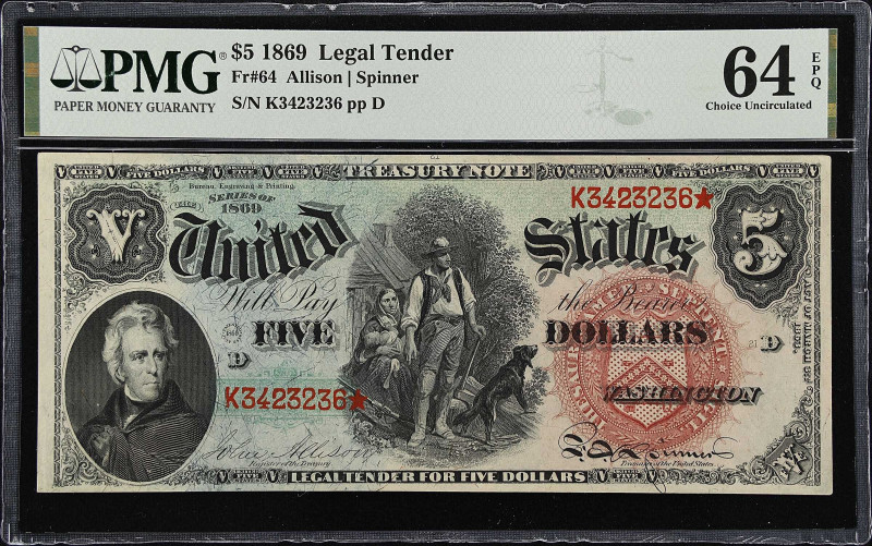 Fr. 64. 1869 $5 Legal Tender Note. PMG Choice Uncirculated 64 EPQ.
This $5 rain...