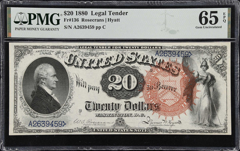 Fr. 136. 1880 $20 Legal Tender Note. PMG Gem Uncirculated 65 EPQ.
PMG comments ...