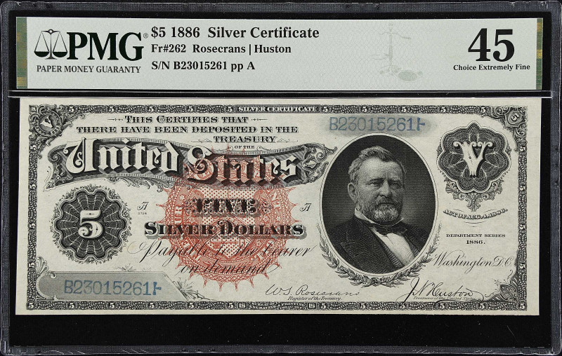 Fr. 262. 1886 $5 Silver Certificate. PMG Choice Extremely Fine 45.
This note is...