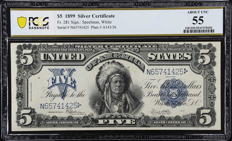 Fr. 281. 1899 $5 Silver Certificate. PCGS Banknote About Uncirculated 55.
An in...