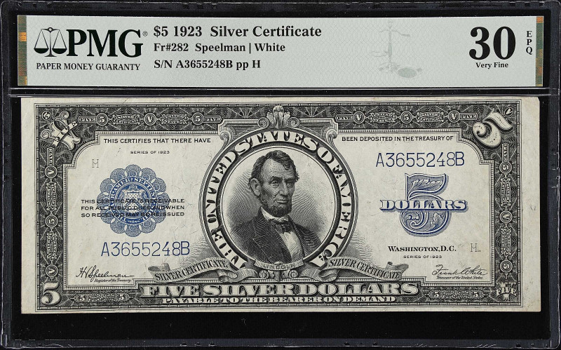 Fr. 282. 1923 $5 Silver Certificate. PMG Very Fine 30 EPQ.
An incredibly popula...