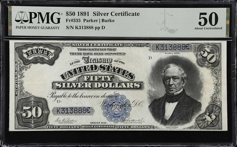 Fr. 335. 1891 $50 Silver Certificate. PMG About Uncirculated 50.
This striking ...