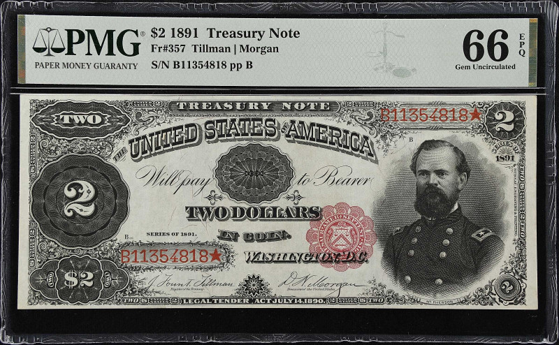 Fr. 357. 1891 $2 Treasury Note. PMG Gem Uncirculated 66 EPQ.
This McPherson Tre...