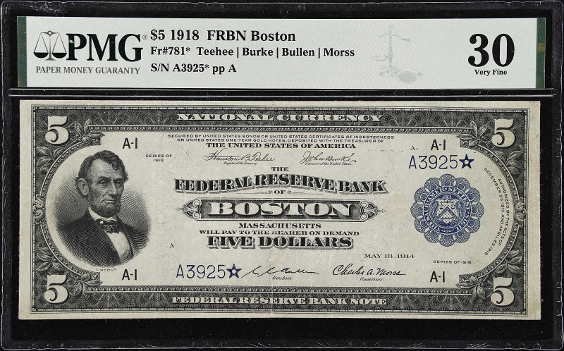 Fr. 781*. 1918 $5 Federal Reserve Bank Star Note. Boston. PMG Very Fine 30.
Her...