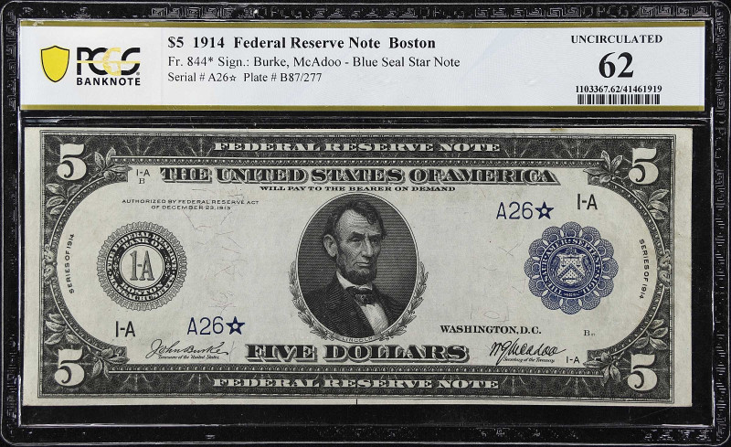 Fr. 844*. 1914 $5 Federal Reserve Star Note. Boston. PCGS Banknote Uncirculated ...