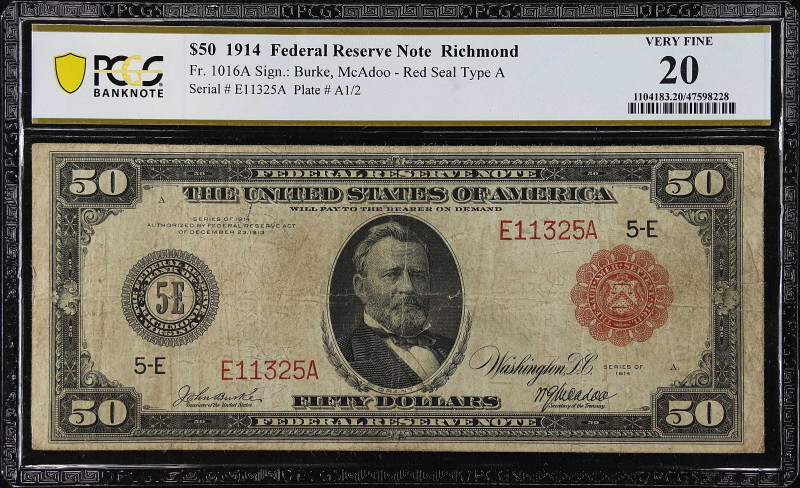 Fr. 1016A. 1914 Red Seal $50 Federal Reserve Note. Richmond. PCGS Banknote Very ...