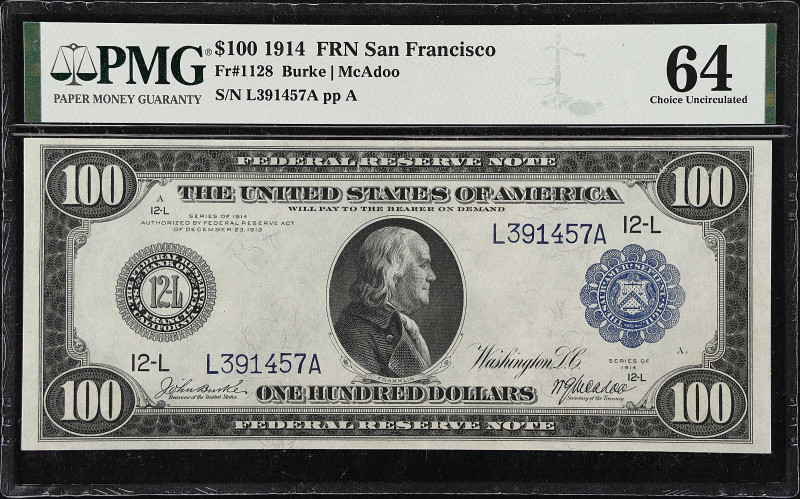 Fr. 1128. 1914 $100 Federal Reserve Note. San Francisco. PMG Choice Uncirculated...