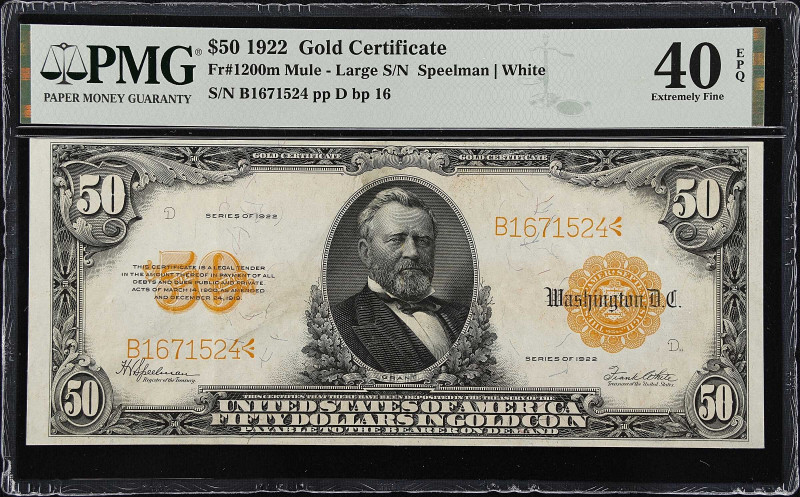 Fr. 1200m. 1922 $50 Gold Certificate Mule Note. PMG Extremely Fine 40 EPQ.
Larg...