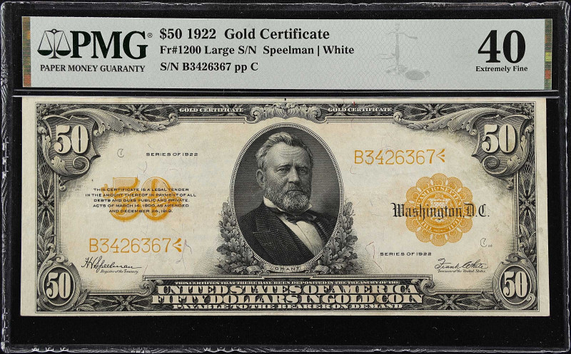 Fr. 1200. 1922 $50 Gold Certificate. PMG Extremely Fine 40.
Large serial number...