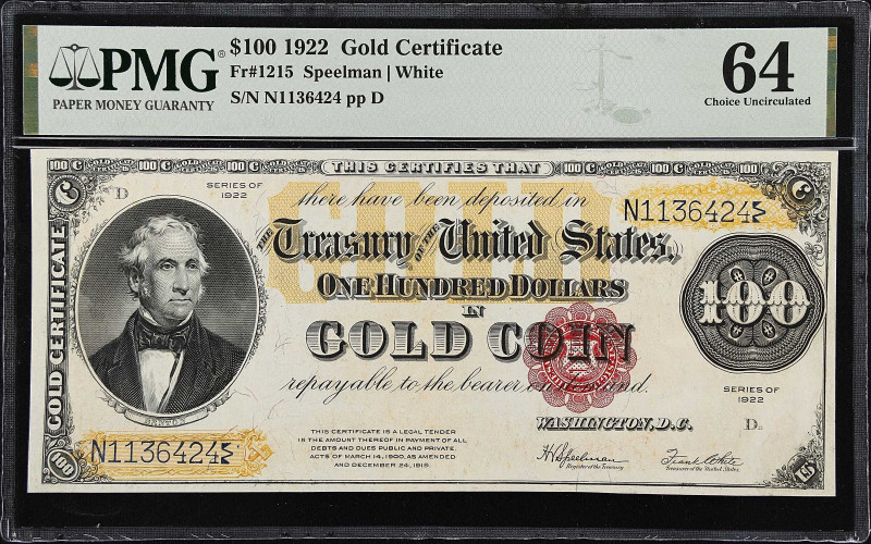 Fr. 1215. 1922 $100 Gold Certificate. PMG Choice Uncirculated 64.
This example ...