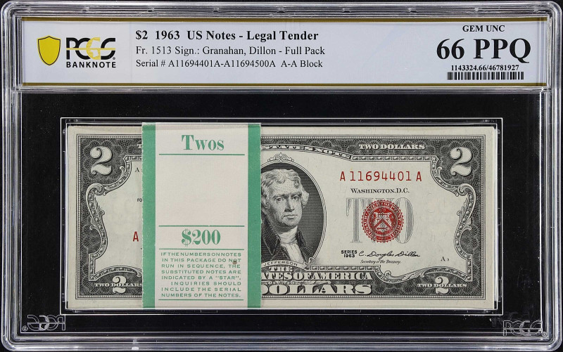 Pack of (100) Fr. 1513. 1963 $2 Legal Tender Notes. PCGS Banknote Gem Uncirculat...