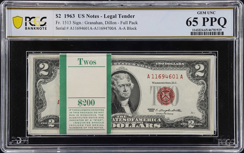 Pack of (100). Fr. 1513. 1963 $2 Legal Tender Notes. PCGS Banknote Gem Uncircula...