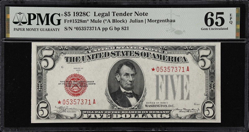 Fr. 1528m*. 1928C $5 Legal Tender Mule Star Note. PMG Gem Uncirculated 65 EPQ.
...