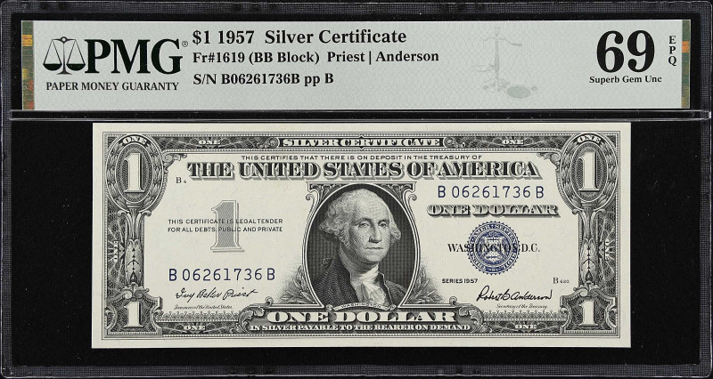 Fr. 1619. 1957 $1 Silver Certificate. PMG Superb Gem Uncirculated 69 EPQ.
Out o...