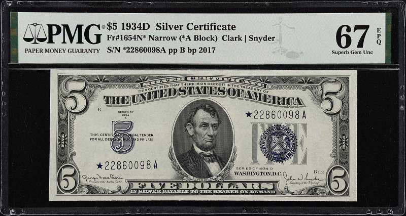 Fr. 1654N*. 1934D $5 Silver Certificate Star Note. PMG Superb Gem Uncirculated 6...