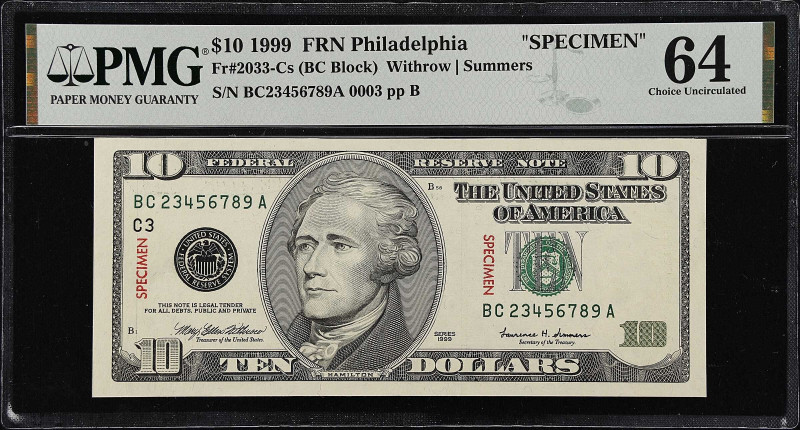 Fr. 2033-Cs. 1999 $10 Federal Reserve Note. Philadelphia. PMG Choice Uncirculate...