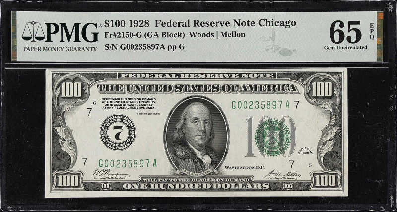 Fr. 2150-G. 1928 $100 Federal Reserve Note. Chicago. PMG Gem Uncirculated 65 EPQ...