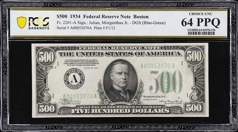 Fr. 2201-A. 1934 Dark Green Seal $500 Federal Reserve Note. Boston. PCGS Banknot...