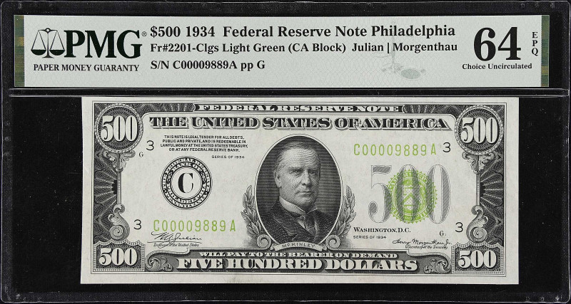 Fr. 2201-Clgs. 1934 Light Green Seal $500 Federal Reserve Note. Philadelphia. PM...