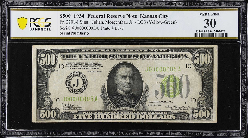 Fr. 2201-J. 1934 Light Green Seal $500 Federal Reserve Note. Kansas City. PCGS B...