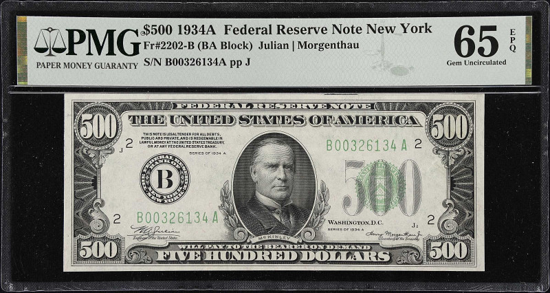 Lot of (2) Fr. 2202-B. 1934A $500 Federal Reserve Notes. New York. PMG Gem Uncir...