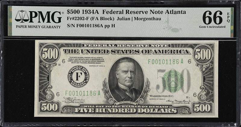 Fr. 2202-F. 1934A $500 Federal Reserve Note. Atlanta. PMG Gem Uncirculated 66 EP...