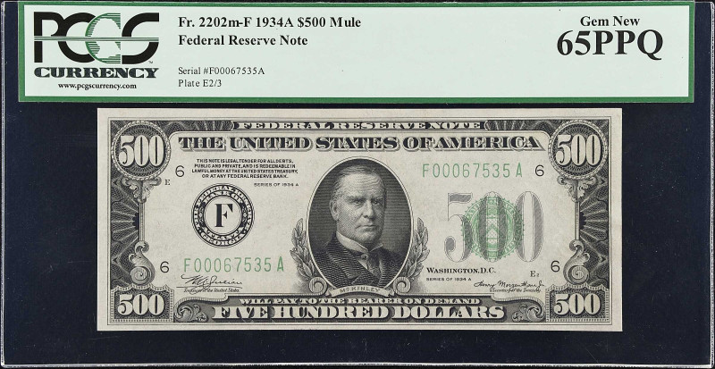 Fr. 2202m-F. 1934A $500 Federal Reserve Mule Note. Atlanta. PCGS Currency Gem Ne...