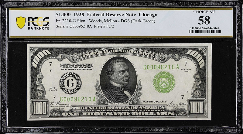 Fr. 2210-G. 1928 Dark Green Seal $1000 Federal Reserve Note. Chicago. PCGS Bankn...