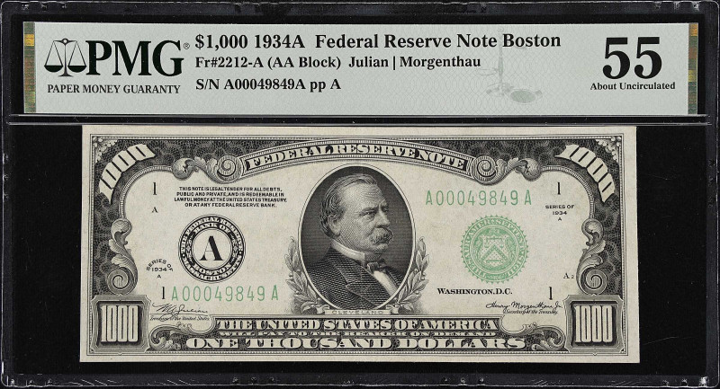 Fr. 2212-A. 1934A $1000 Federal Reserve Note. Boston. PMG About Uncirculated 55....