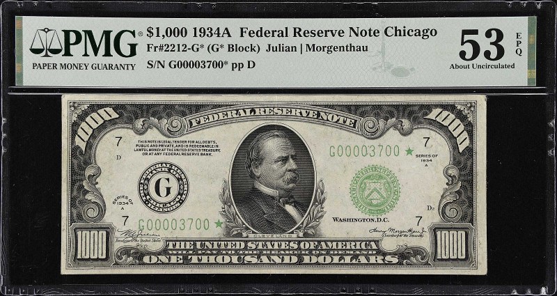 Fr. 2212-G*. 1934A $1000 Federal Reserve Star Note. PMG About Uncirculated 53 EP...