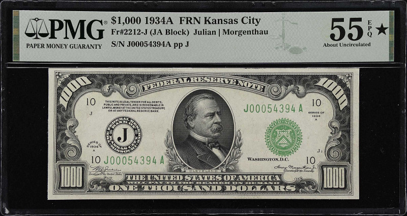 Fr. 2212-J. 1934A $1000 Federal Reserve Note. Kansas City. PMG About Uncirculate...