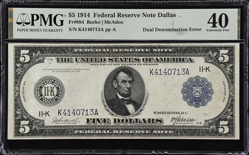 Fr. 884. 1914 $5/$10 Federal Reserve Note. Dallas. PMG Extremely Fine 40. Dual D...