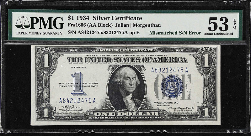 Fr. 1606. 1934 $1 Silver Certificate. PMG About Uncirculated 53 EPQ. Mismatched ...