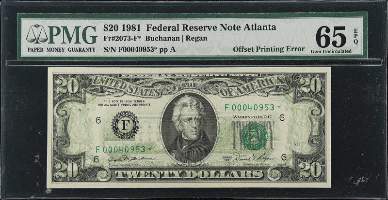 Fr. 2073-F*. 1981 $20 Federal Reserve Star Note. Atlanta. PMG Gem Uncirculated 6...