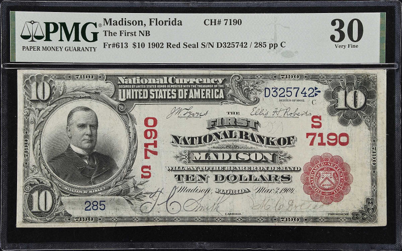 Madison, Florida. $10 1902 Red Seal. Fr. 613. The First NB. Charter #7190. PMG V...