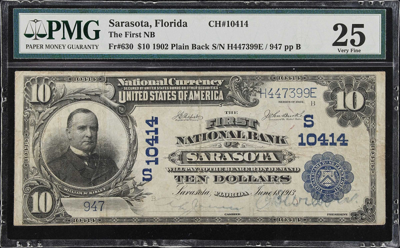 Sarasota, Florida. $10 1902 Plain Back. Fr. 630. The First NB. Charter #10414. P...