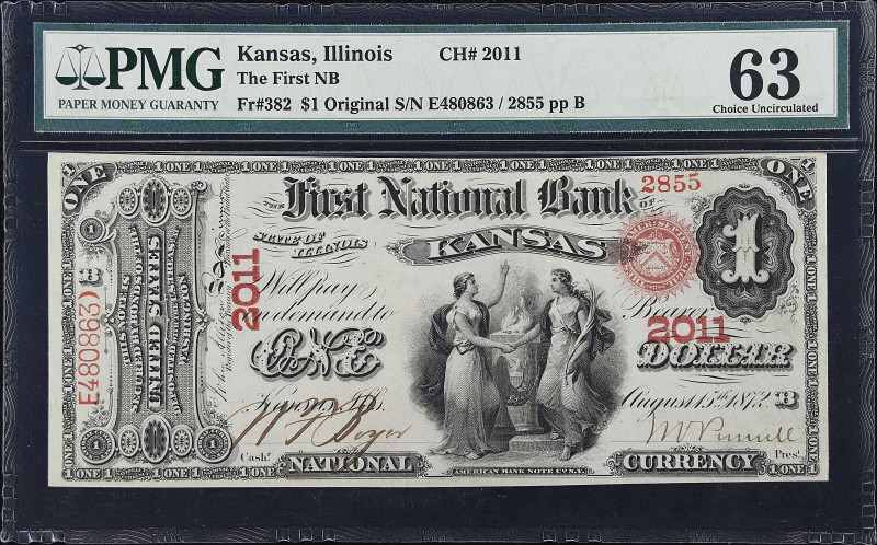 Kansas, Illinois. $1 Original. Fr. 382. The First NB. Charter #2011. PMG Choice ...