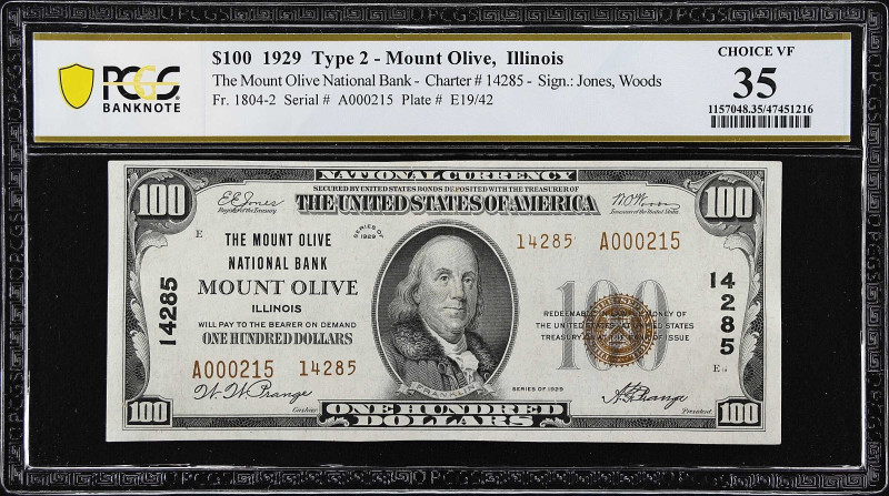 Mount Olive, Illinois. $100 1929 Ty. 2. Fr. 1804-2. The Mount Olive NB. Charter ...