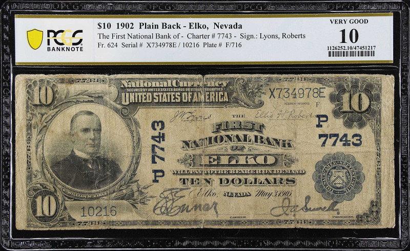 Elko, Nevada. $10 1902 Plain Back. Fr. 624. The First NB. Charter #7743. PCGS Ba...