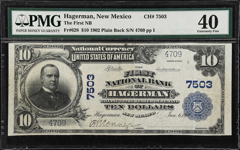 Hagerman, New Mexico. $10 1902 Plain Back. Fr. 628. The First NB. Charter #7503....