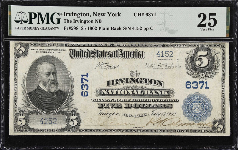 Irvington, New York. 1902 Plain Back $5 Fr. 598. The Irvington NB. Charter #6371...