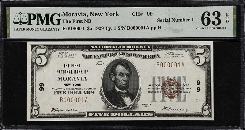 Moravia, New York. 1929 Ty. 1 $5 Fr. 1800-1. The First NB. Charter #99. PMG Choi...