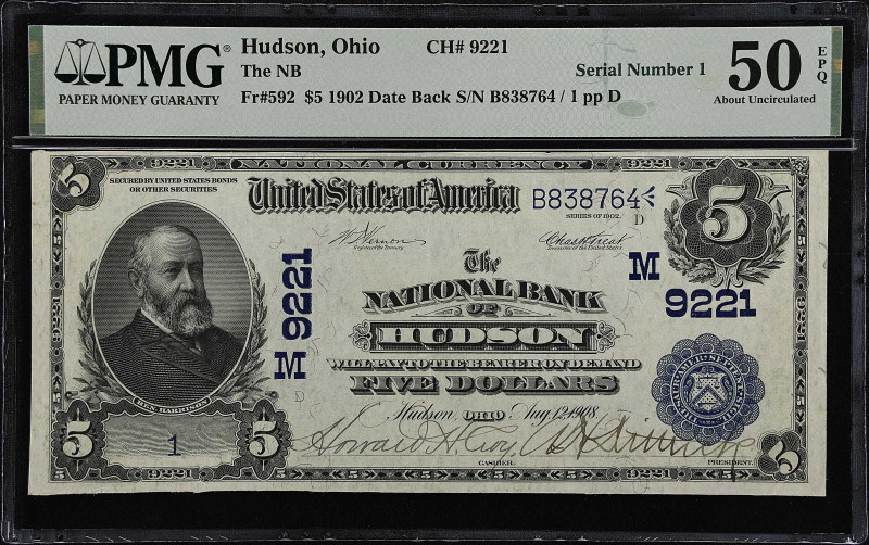 Hudson, Ohio. $5 1902 Date Back. Fr. 592. The NB. Charter #9221. PMG About Uncir...