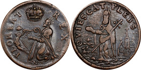 Undated (ca. 1652-1674) St. Patrick Farthing. Martin 1c.33-Ca.20, W-11500. Rarity-7+. Copper. Nothing Below King. EF-40 (PCGS).
92.1 grains. Rich cho...