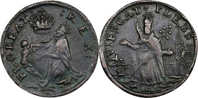 Undated (ca. 1652-1674) St. Patrick Farthing. Martin 2b.3-Fc.19, W-11500. Rarity-7. Copper. Sea Beasts Below King. EF Details--Environmental Damage (P...