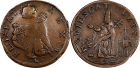 Undated (ca. 1652-1674) St. Patrick Farthing. Martin 6b.1-Ba.8, W-11500. Rarity-6. Copper. Annulet, Small 8, and Martlet Below King. VF-25 (PCGS).
92...